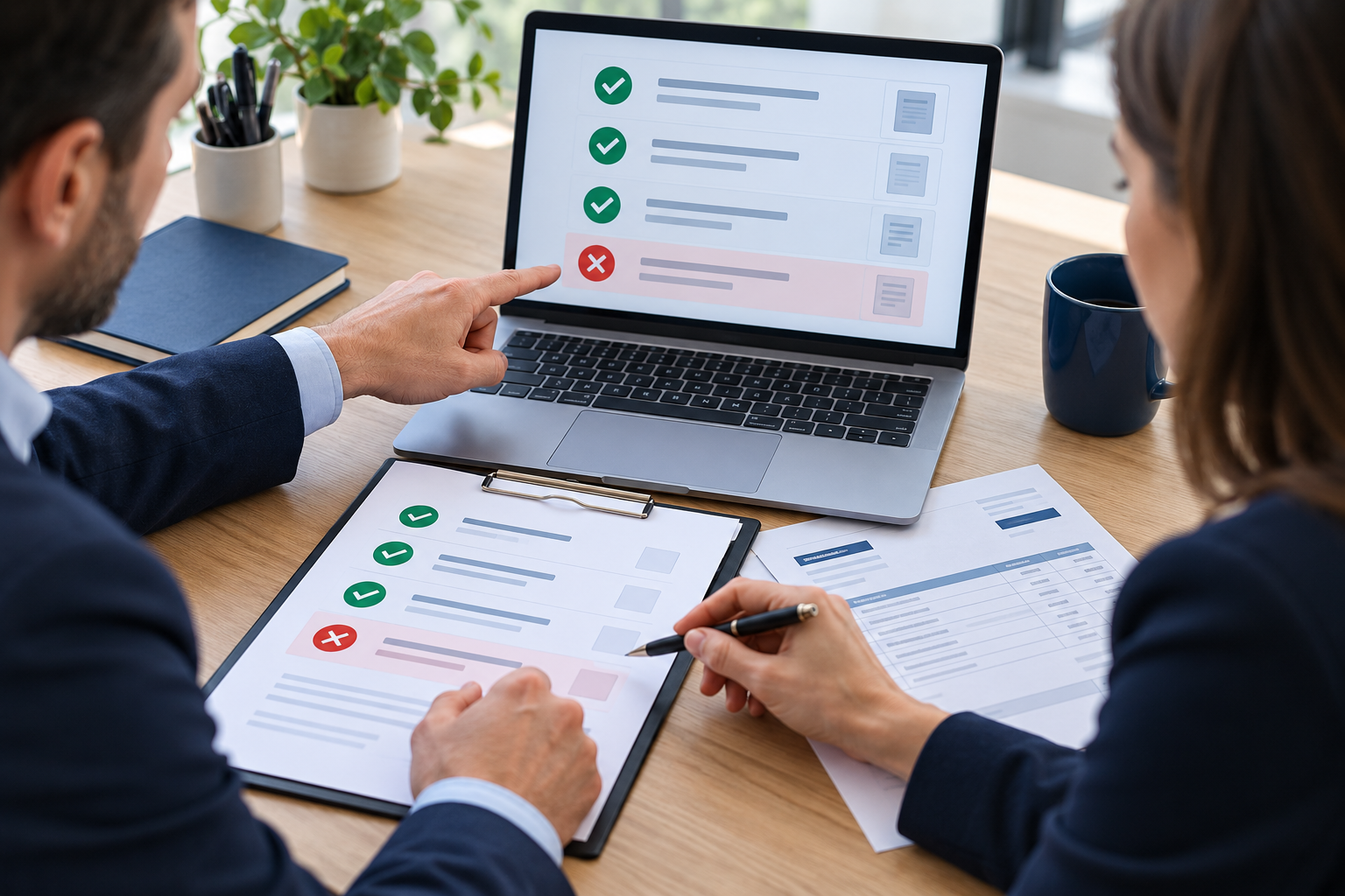 שני אנשי מקצוע בוחנים בדיקות קבלה במחשב ובמסמך מסירה לצד חשבונית ספק טכנולוגי